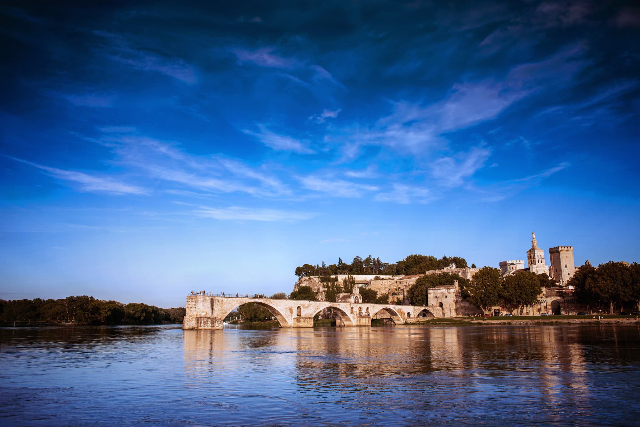 The Pont d'Avignon and the Palais des Papes on the Rhône, photographed from the river